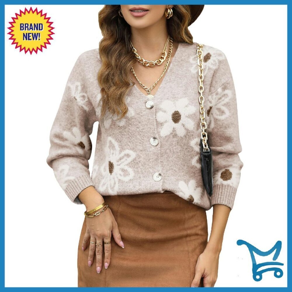 Floral Knit Cardigan Sweater Women's Open Front V-Neck Button Down